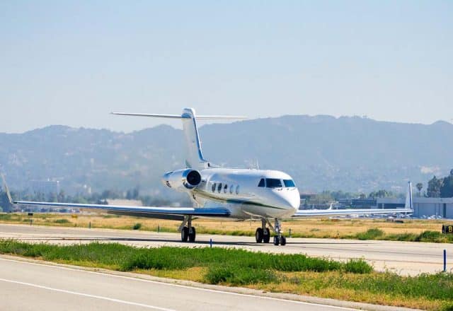 Gulfstream business jet taxiing at Van Nuys Airport, California