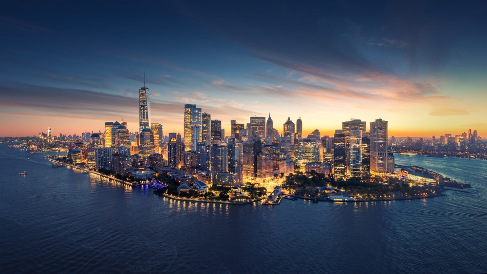 The New York City skyline at night.