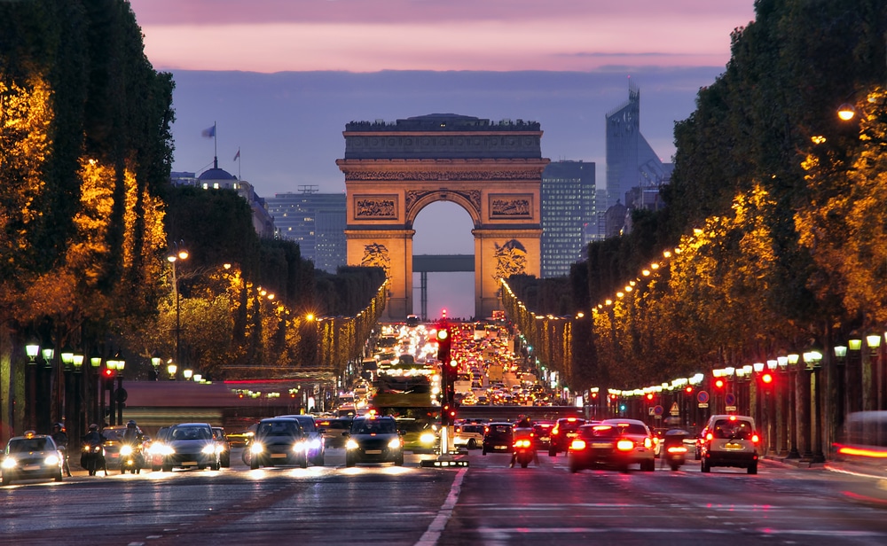 The Champs-elysees comes alive at night.