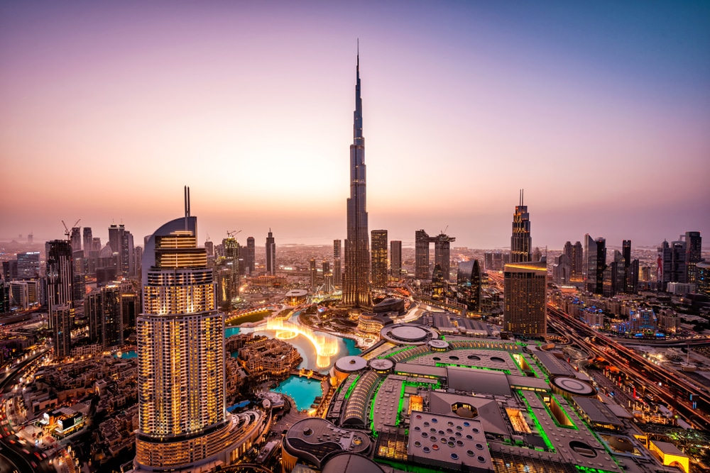 The Dubai skyline at night.