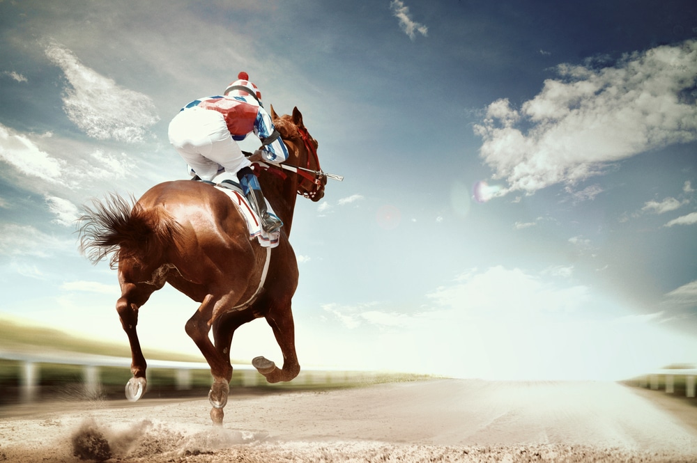 A horse and rider run into the horizon.