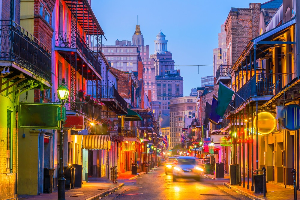 Colorful lights illuminate the French Quarter in New Orleans.