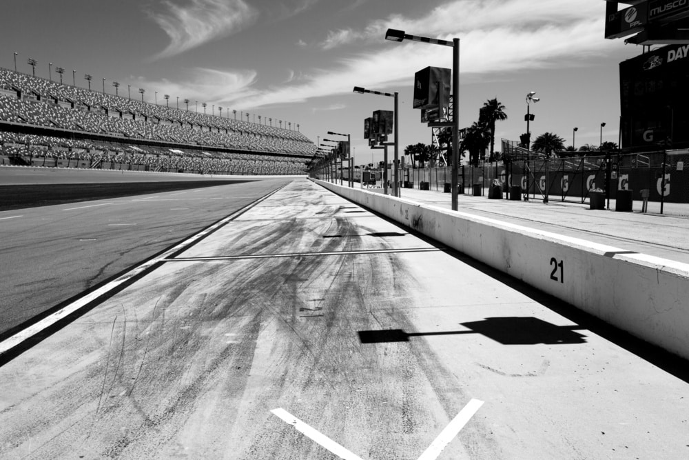 A black and white image of the Daytona Speedway